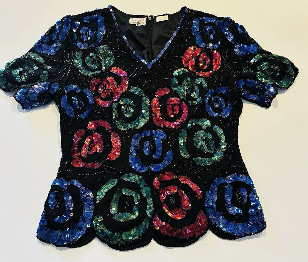 Statement Sequin Top Large Black Floral Beaded Party Cocktail Silk Stenay Vtg